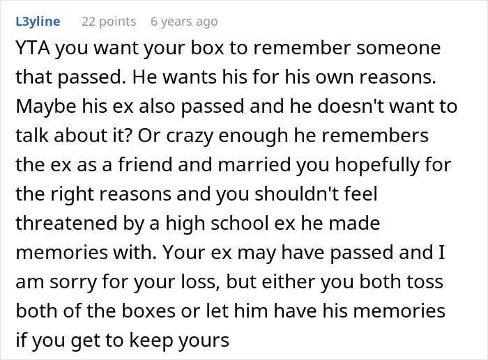 Screenshot of an online forum discussing wife wanting man to toss ex-GF&rsquo;s memory box but keep late ex-BF&rsquo;s.