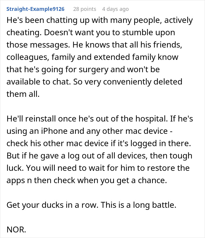 Wife left suspicious and confused after checking husband&rsquo;s phone during surgery reveals deleted messages and secrets.