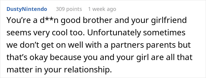 Comment about a brother and girlfriend's relationship facing challenges with partner's parents while supporting autistic sister.