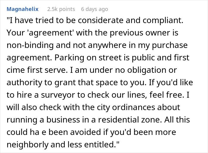 Text message showing a neighbor upset with a nanny parking in front of their home over property and parking disputes.