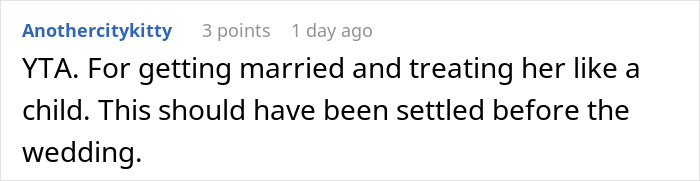 Screenshot of an online comment discussing financial disagreements between husband and wife over honeymoon expenses.