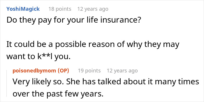 Comments on a forum discussing life insurance and a mother poisoned me, suggesting possible motives and past threats.