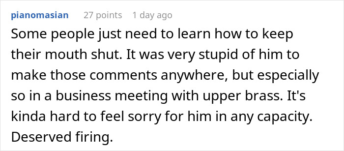 Commenter criticizing employee's body-shaming remark leading to immediate termination by CFO in a business meeting.