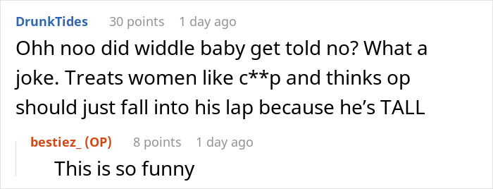 Screenshot of a Reddit conversation about a guy telling his old friend she should date him because he's tall, then breaking down after rejection.
