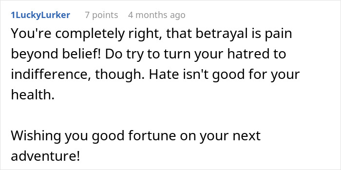 Comment discussing the pain of betrayal and advice to turn hatred into indifference for better health and future fortune.