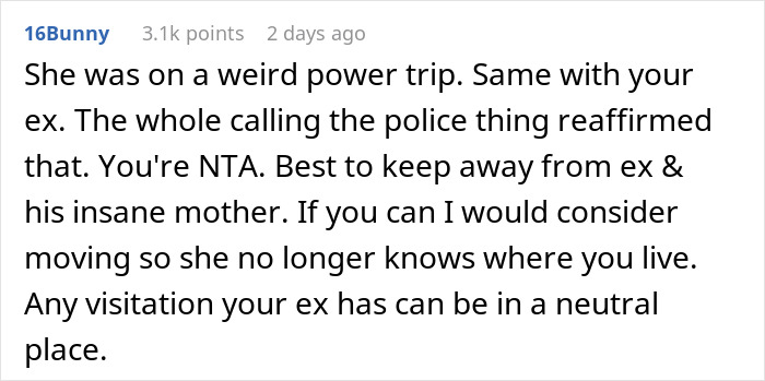 Comment discussing a woman showing up unannounced at ex-DIL’s doorstep and calling cops for not being let in. Comment discussing a woman showing up unannounced at ex-DIL’s doorstep and calling cops for not being let in.