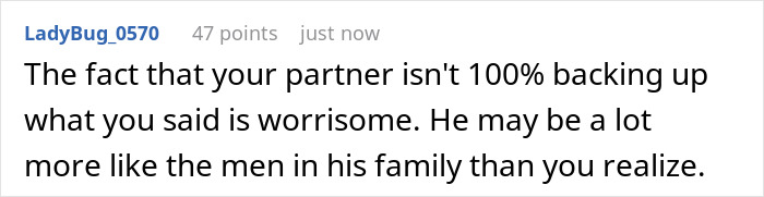 Comment highlighting concerns about a partner not fully supporting a statement, reflecting family dynamics involving men.