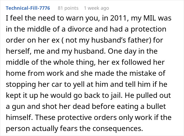 Text post describing a stalker customer who found a home and rang the doorbell, sharing a personal protective order story.