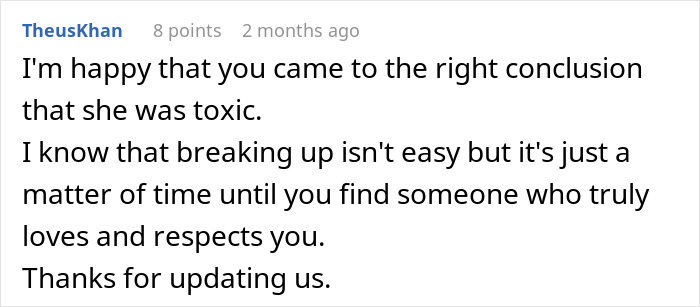 Screenshot of an online comment expressing support after a woman eavesdrops on boyfriend’s private therapy session. Screenshot of an online comment expressing support after a woman eavesdrops on boyfriend’s private therapy session.