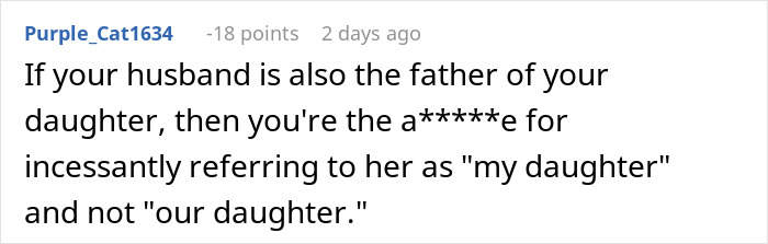 Screenshot of a Reddit comment discussing relationship dynamics between a husband and daughter. Screenshot of a Reddit comment discussing relationship dynamics between a husband and daughter.