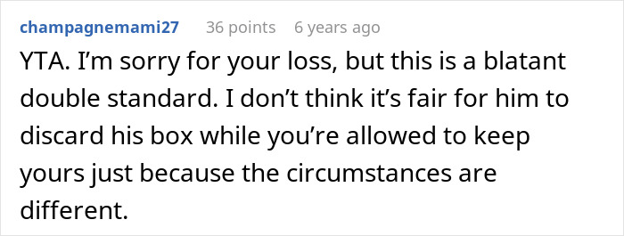 Comment about wife wanting man to toss ex-girlfriend&rsquo;s memory box but keep late ex-boyfriend&rsquo;s box, criticized for hypocrisy.
