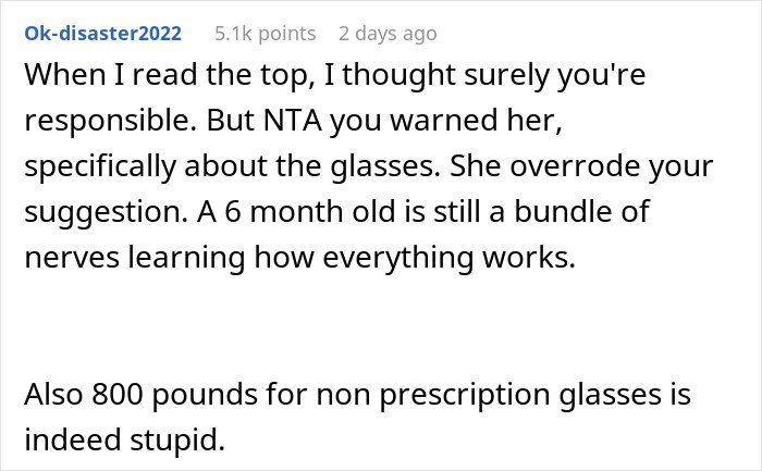 Reddit comment discussing responsibility after baby breaks iPhone and Gucci sunglasses, and refusal to pay &pound;2,300.
