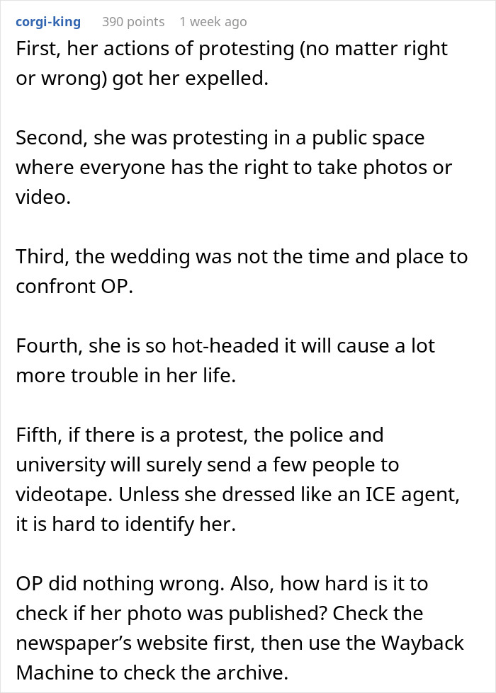 Commenter discussing consequences of a school project protest and university photo rights during a wedding confrontation.