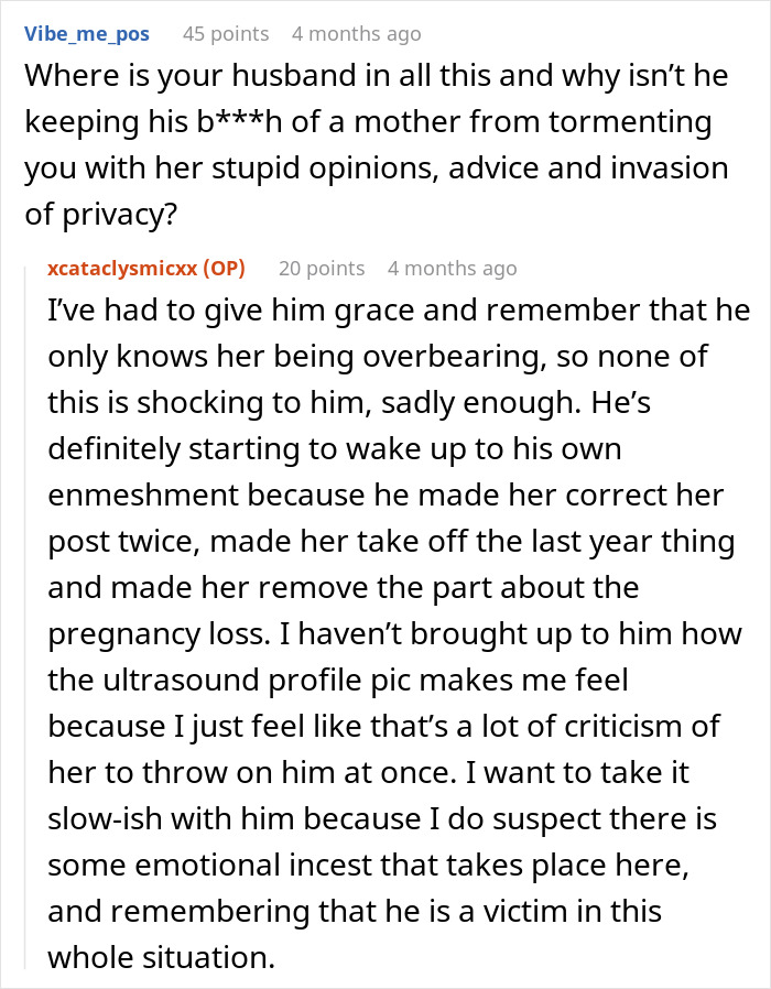 Reddit comment discussing a mother-in-law hijacking pregnancy by using ultrasound as a Facebook profile picture.