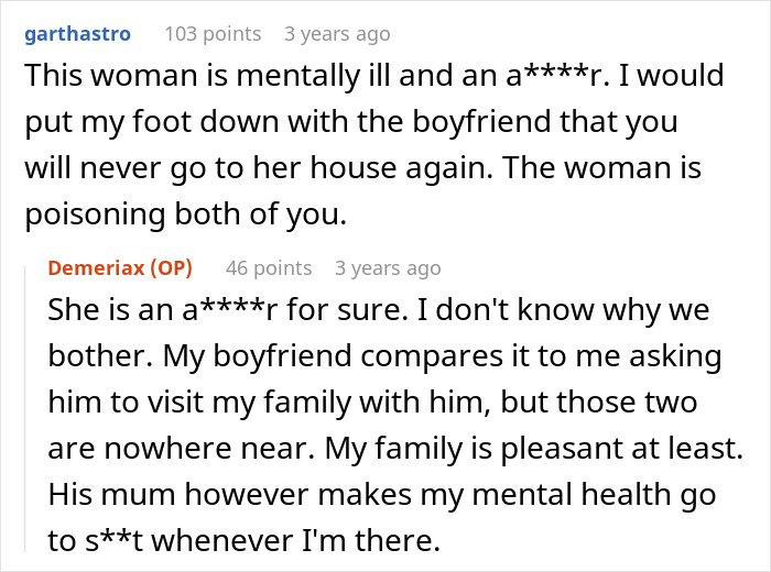 Screenshot of an online discussion about a cheap MIL feeding spoiled food and bullying her son and his girlfriend.