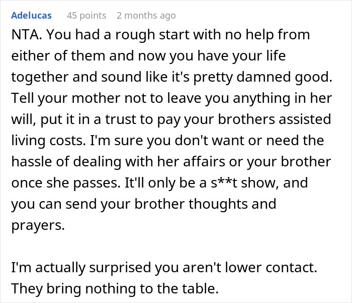 Reddit comment discussing refusal to look after lazy and entitled disabled brother enabled by mother&rsquo;s support.