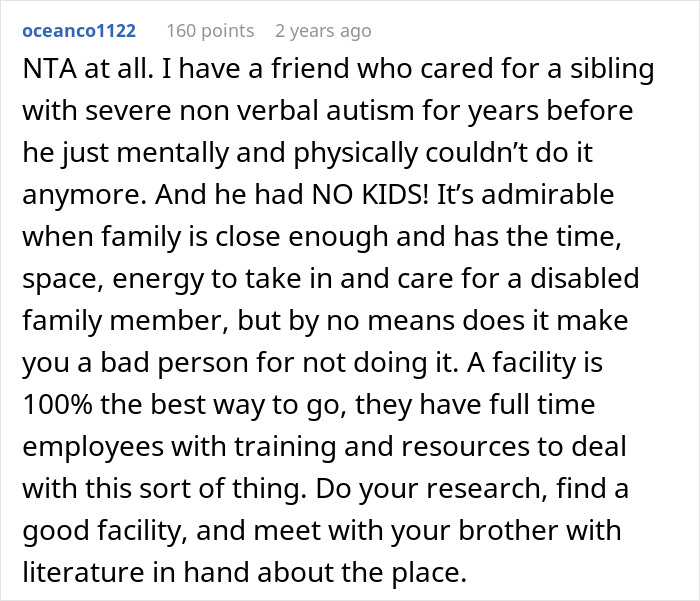 Comment discussing the challenges and care options for autistic siblings in family disputes over caregiving.