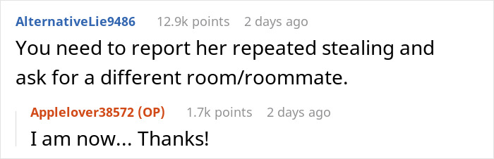 Screenshot of a Reddit conversation about a serial food thief with peanut allergy stealing a roommate&rsquo;s dinner and ending in the ER.