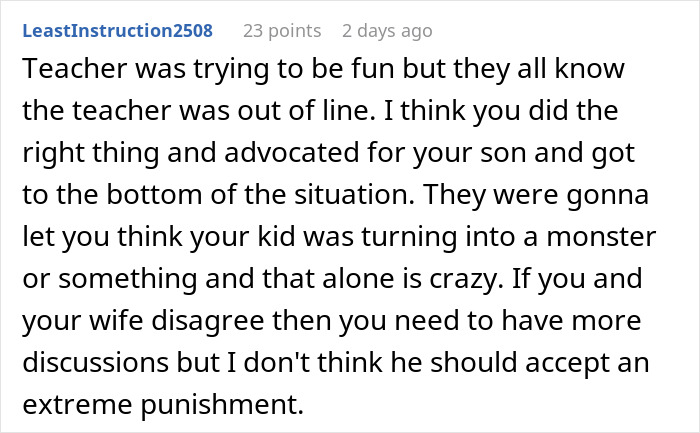 Comment discussing a teacher scaring a student in class and the resulting surprise over potential suspension consequences.