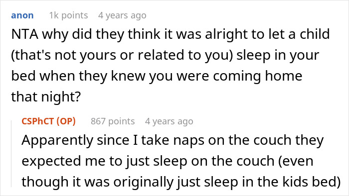 Screenshot of a Reddit conversation about a guy letting his girlfriend&rsquo;s kid sleep in a roommate&rsquo;s bed, causing conflict.