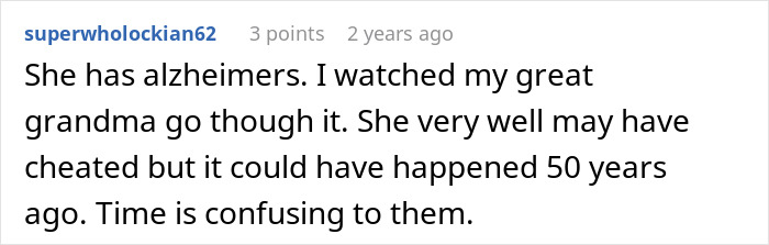 Commenter on social media discussing confusion over an elderly neighbor&rsquo;s claims about a couple&rsquo;s affair.