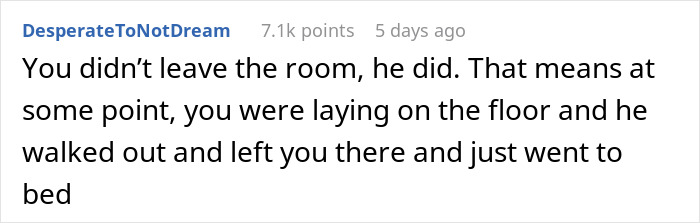 Comment text on a white background discussing a man stepping over his passed out wife and going to bed.