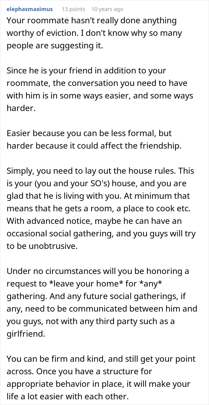 Text discussing a woman accusing homeowners of ruining her party by refusing to leave their home during the event.