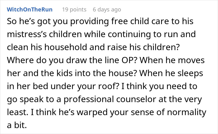 Text comment discussing suspicion about nannying husband's coworker&rsquo;s children for free and raising concerns.
