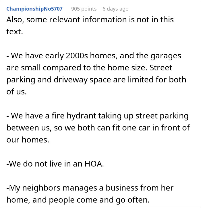 Text post explaining limited street parking and driveway space causes neighbor upset over nanny parking in front of home.