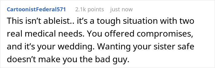Comment discussing a bride refusing her sister-in-law’s service dog at her wedding and the complex emotions involved. Comment discussing a bride refusing her sister-in-law’s service dog at her wedding and the complex emotions involved.