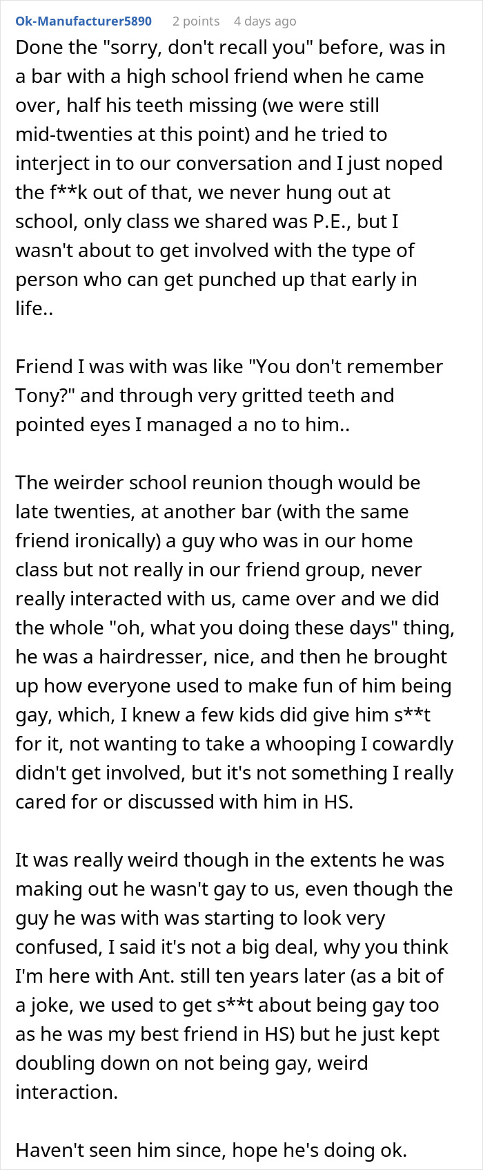 Man recalls crushing former bully&rsquo;s ego at class reunion 25 years later, forgetting who he was.