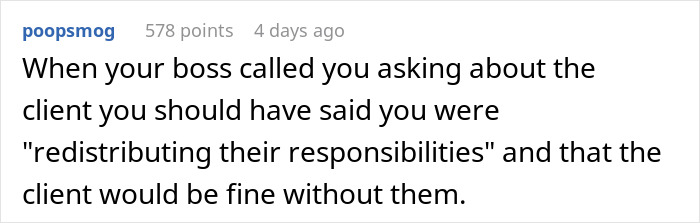 Text post showing a comment about an employee laid off who poaches company&rsquo;s biggest client, discussing client responsibilities.