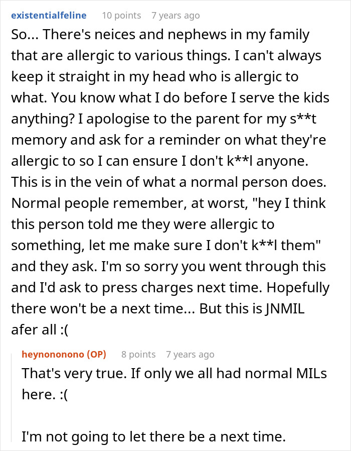 Text excerpt showing a discussion about allergies and anaphylactic shock caused by a mother-in-law's actions with zero remorse.