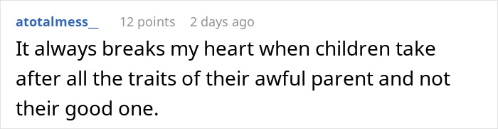 Screenshot of a social media comment about heartbreak related to family traits, referencing a purse fiasco and friendship ending.