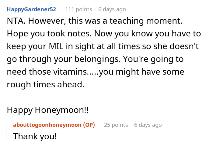 Reddit comment discussing a MIL criticizing a bikini found in a suitcase during a honeymoon trip.