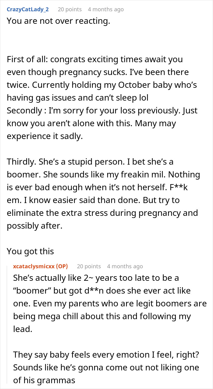 User comments expressing frustration about mil hijacking pregnancy and offering support during pregnancy struggles.