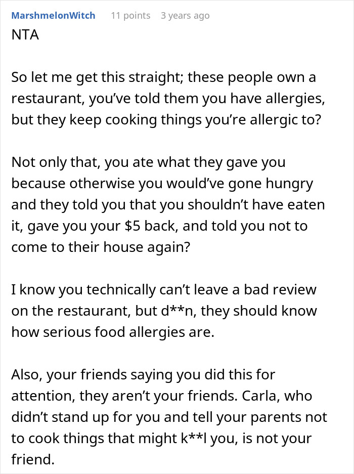 Text comment about teen suffering allergic reaction at a friend's house and being told not to eat there again. Text comment about teen suffering allergic reaction at a friend's house and being told not to eat there again.