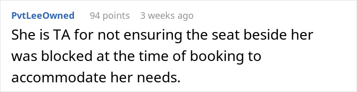 Screenshot of an online comment discussing whether a flight attendant should have offered an overweight woman a seatbelt extender. Screenshot of an online comment discussing whether a flight attendant should have offered an overweight woman a seatbelt extender.
