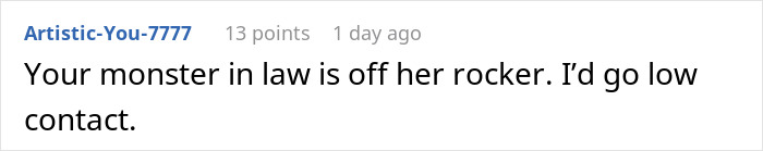 Text comment on a white background discussing a mother-in-law and advising low contact due to concerning behavior.