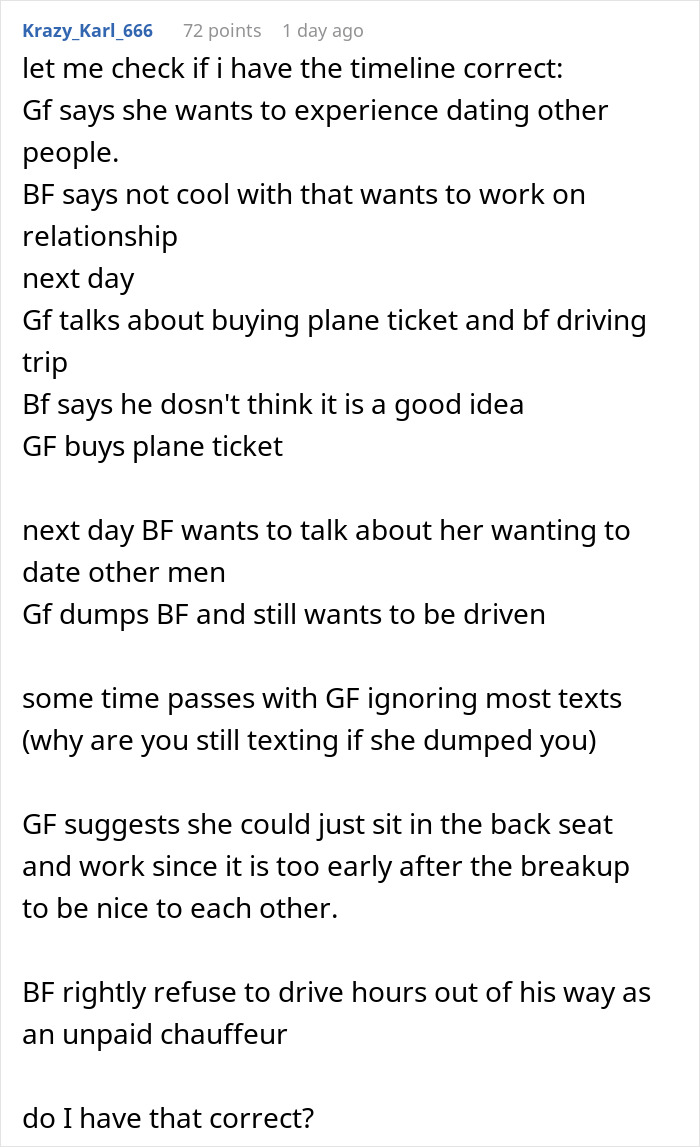 Text post summarizing an entitled lady manipulates boyfriend to break up and demands free rides after the breakup.