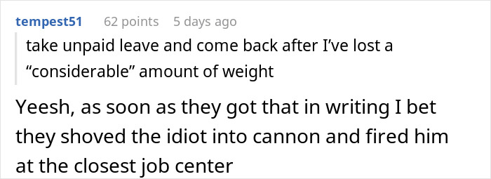 Reddit comment discussing new manager labeling overweight woman unfit to see clients, advising time off to lose weight.