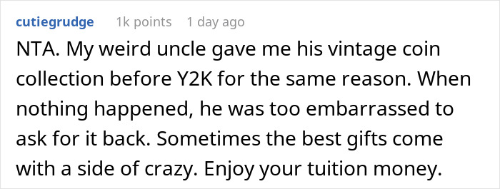 Comment about vintage coin gift before Y2K with side of crazy, mentioning enjoyment of tuition money and Christian rapture money dollars.