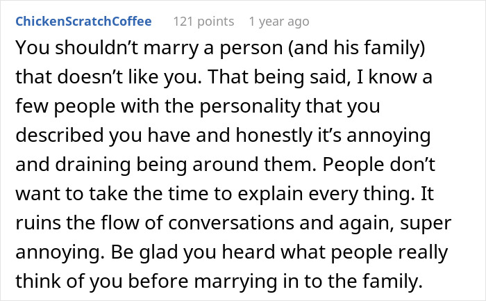 Screenshot of a Reddit comment discussing future MIL brands bride-to-be stupid while fianc&eacute; laughs, sharing relationship advice.