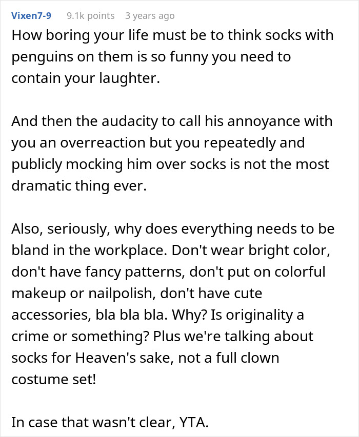 Text post discussing workplace harassment involving mocking a coworker for wearing colorful socks. Text post discussing workplace harassment involving mocking a coworker for wearing colorful socks.