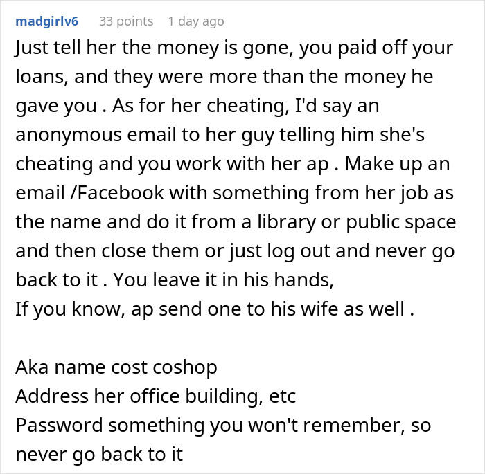 Comment discussing a woman uninviting her sister from her wedding over refusal to gift $30K for expenses.