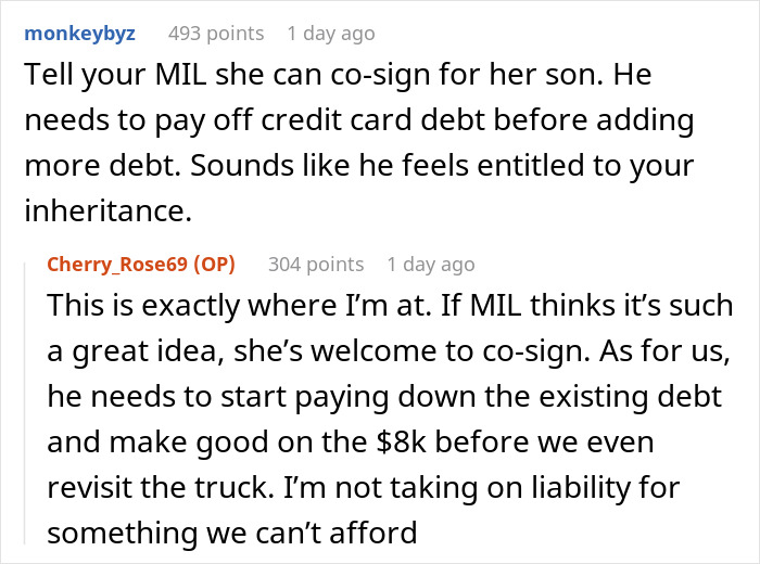 Commenters discussing co-signing a loan and concerns about debt and inheritance related to a dream truck loan.