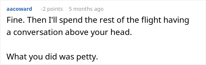 Screenshot of an online comment where a user says they will have a conversation above someone's head during a flight.