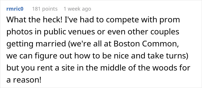 Text from a social media comment complaining about competing with prom photos and other weddings at a public venue during a photoshoot.