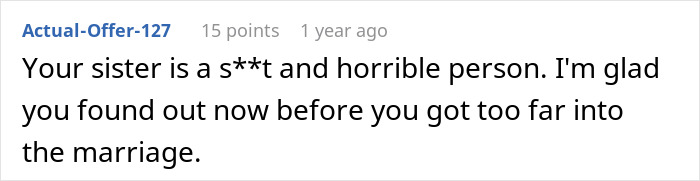 Comment expressing relief about discovering husband's dark secret early in a woman's marriage before it worsened.