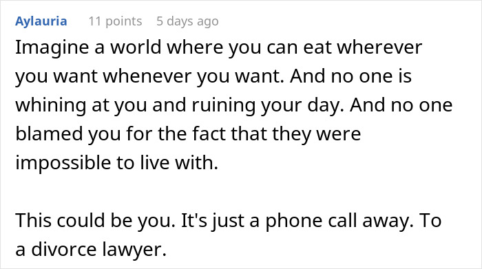 Comment about eating out frustrations and divorce lawyer, related to man refusing to check restaurant menu and wife&rsquo;s decision.